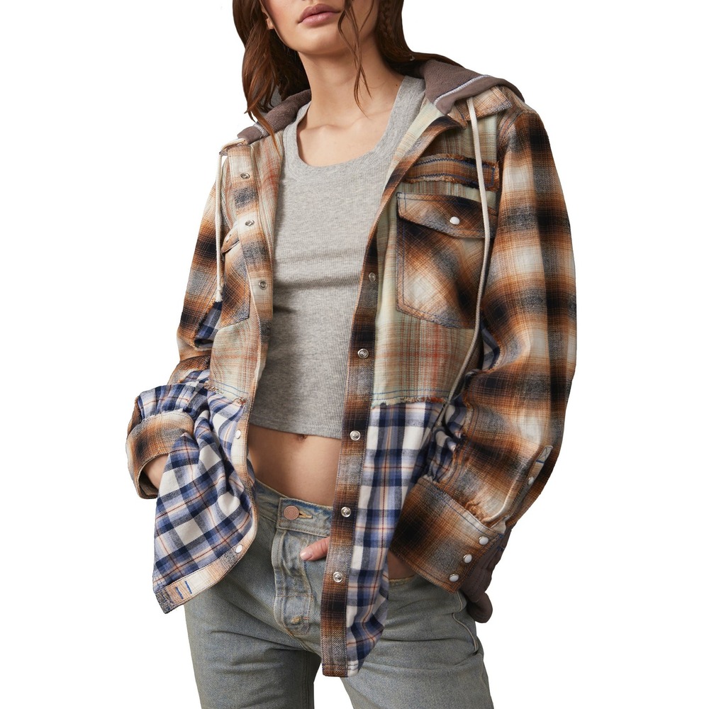 RARE SOLD OUT Free People We The Free Mixed Plaid Hooded Flannel Shacket XS
